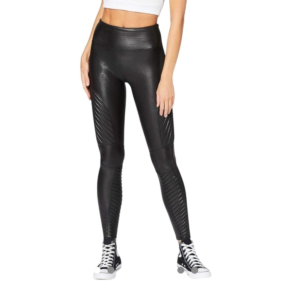 Spanx Faux Leather Moto‎ Leggings Very Black Petite XL Mid Rise Goth Ribbed